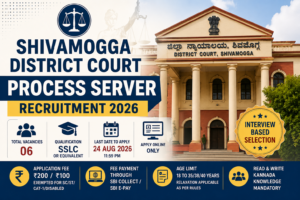 Shivamogga District Court Process Server Recruitment 2026 notification featuring 6 Process Server vacancies with SSLC qualification and online application details.